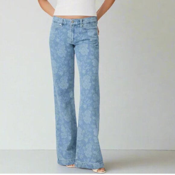 PAIGE Denim - Paige Sonja Blue Floral Jacquard Wide Leg Trouser Jeans 27